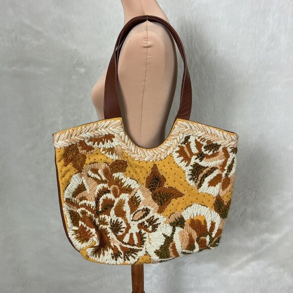 Anthropologie Handbags - Anthropologie Aimee Gold Yellow Floral Embroidered Beaded Tote Bag NWOT
